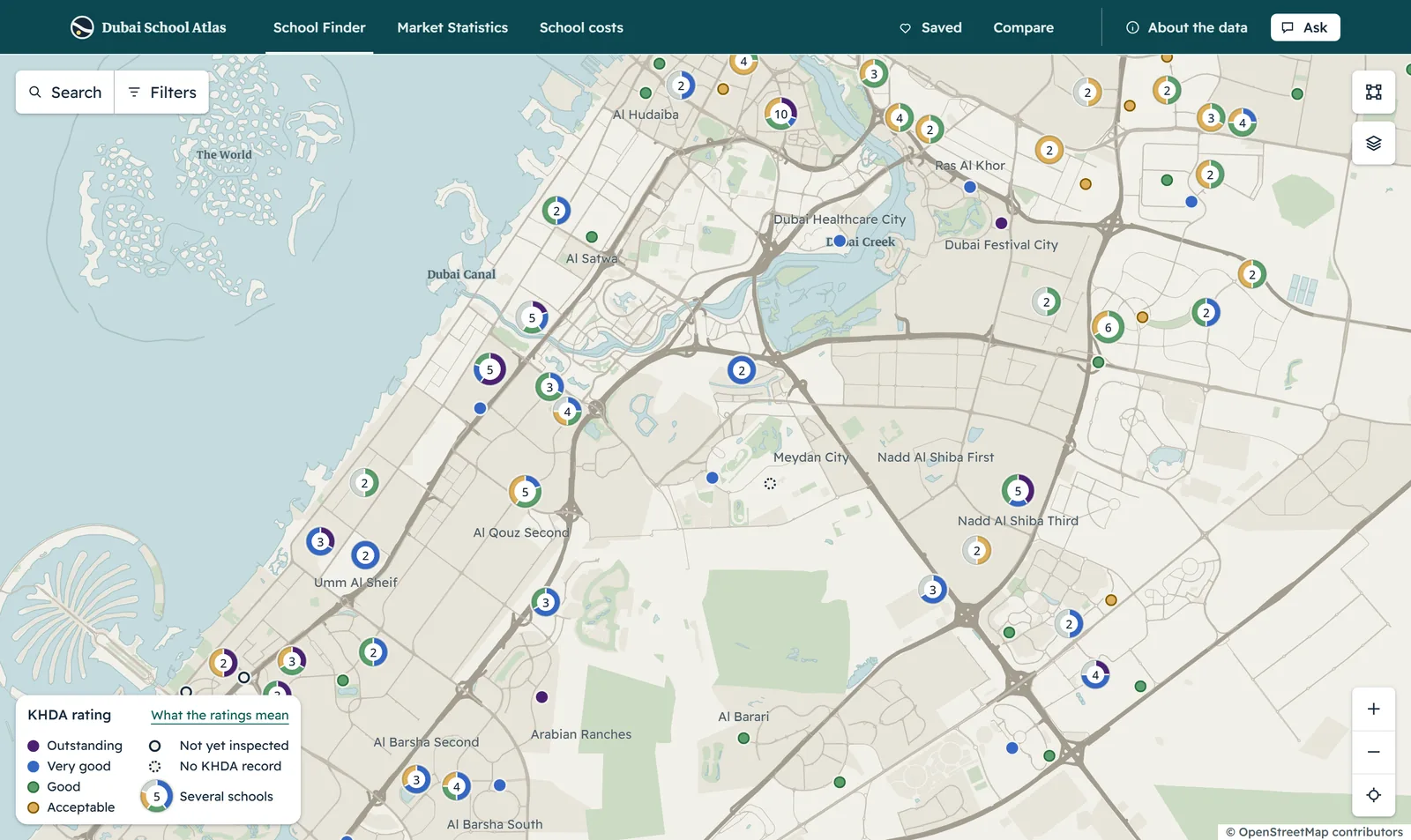 أداة البحث عن المدارس في Dubai School Atlas: خريطة دبي وعليها كل مدرسة خاصة بتقييمها في الرقابة المدرسية.